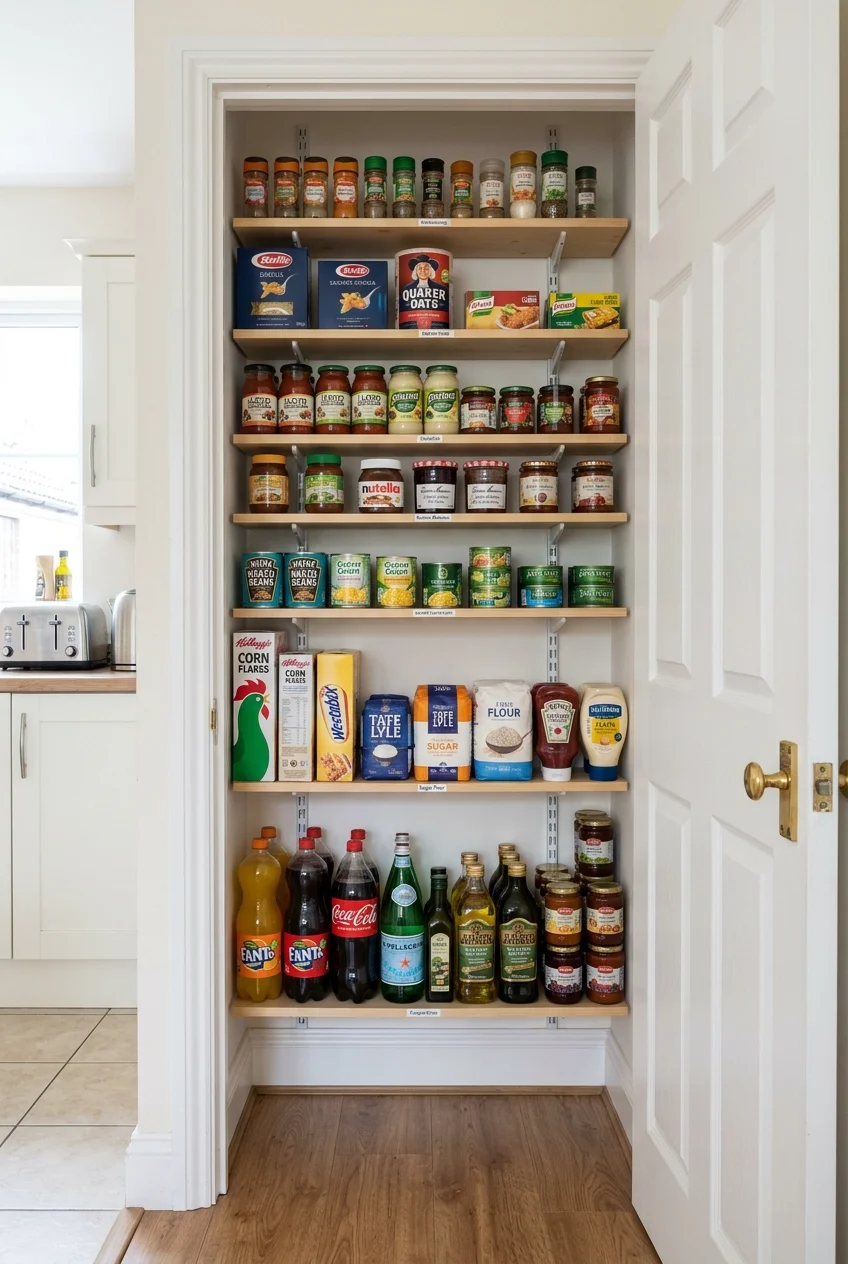 Shallow adjustable pantry shelves inside a suitable nearby closet.