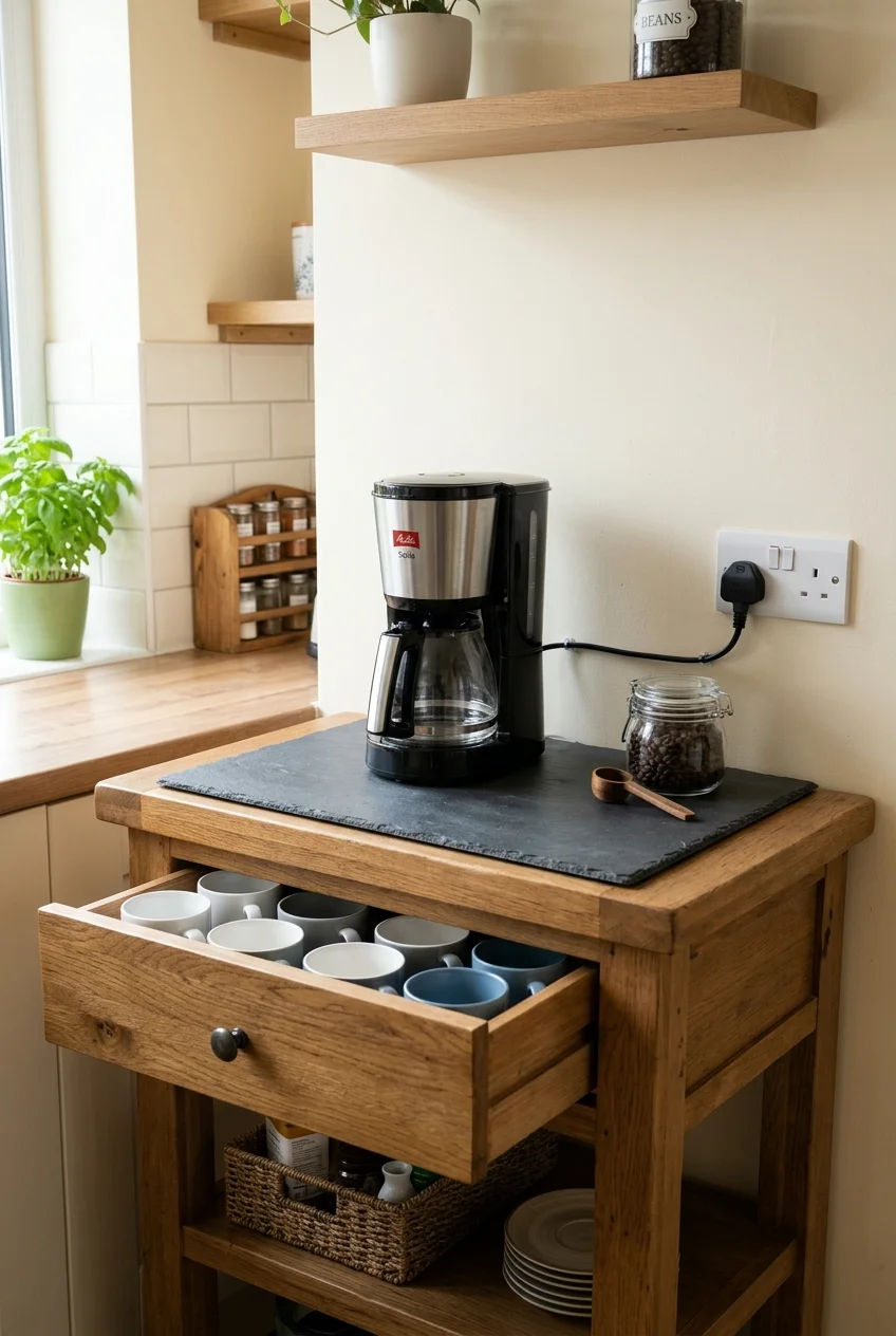 Suitable sideboard providing a compact kitchen coffee station.
