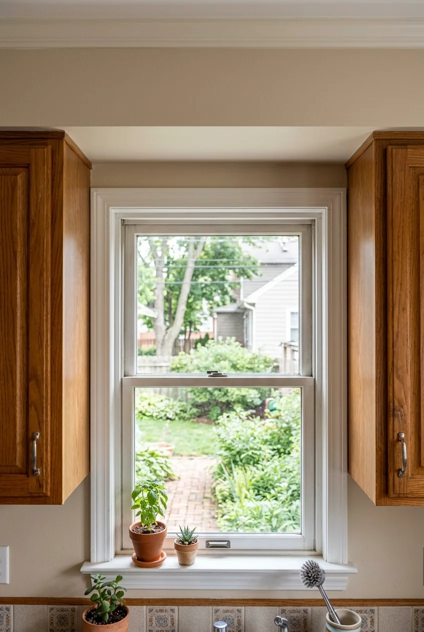 Unobstructed kitchen window between neatly finished upper cabinet ends.