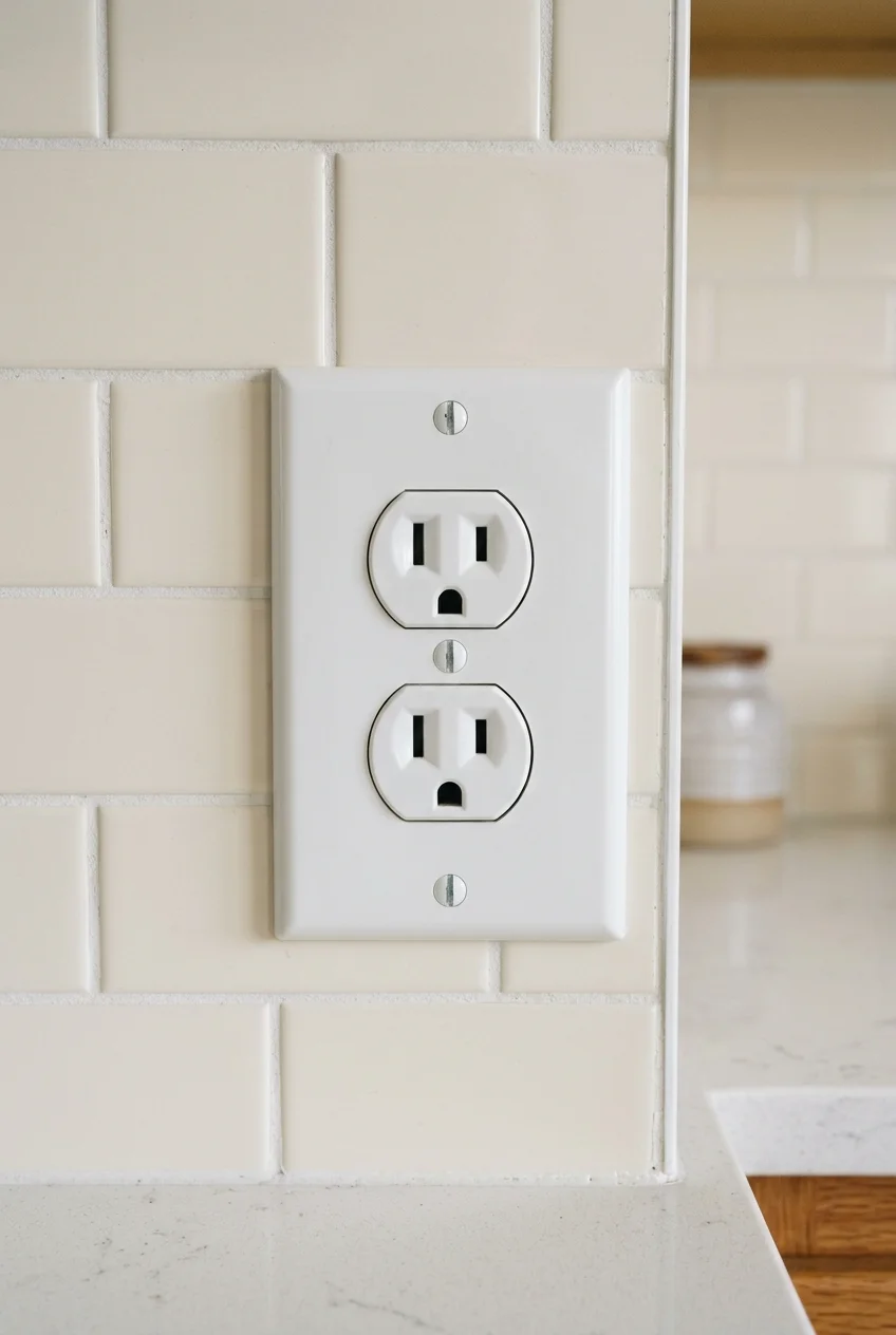 Neatly seated wall plate finishing a kitchen backsplash outlet.