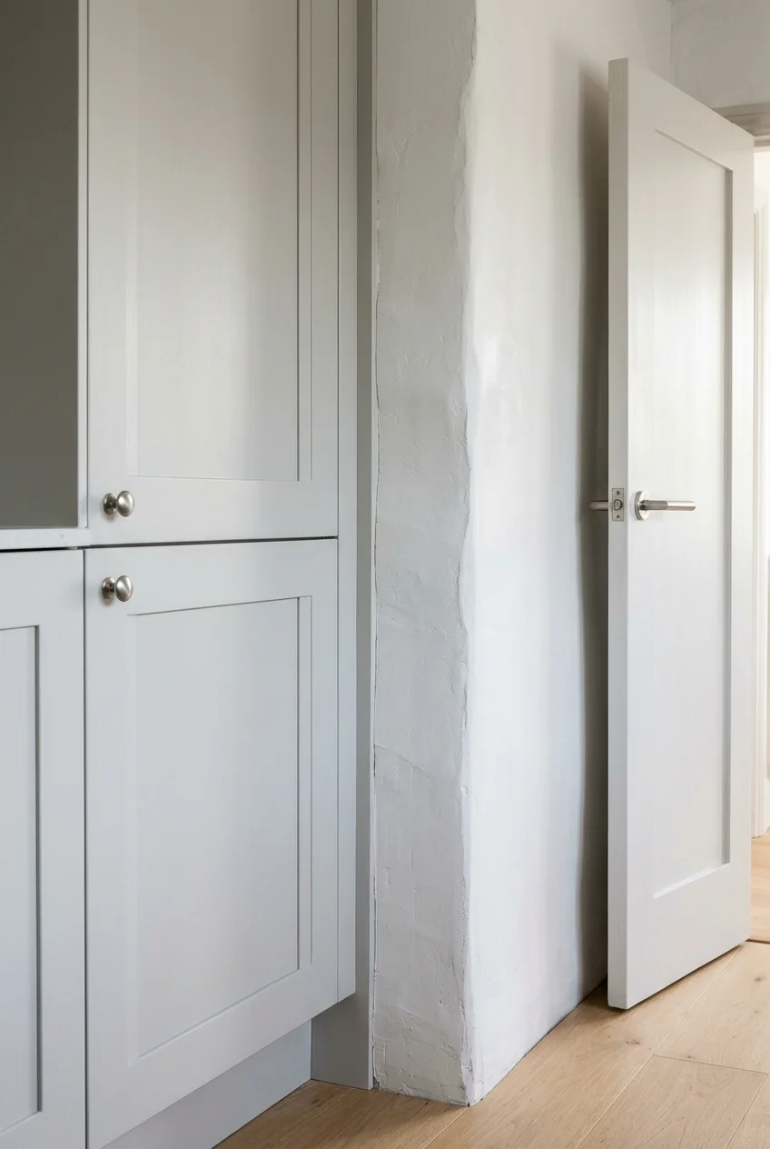 Matching scribed filler finishing a cabinet-to-wall junction.