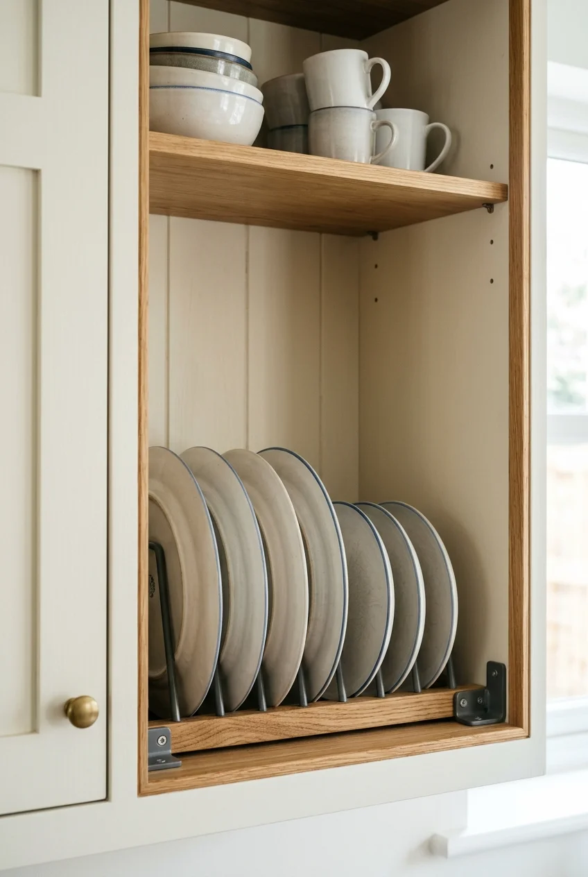 Fitted open plate rack holding dry everyday kitchen dishes.