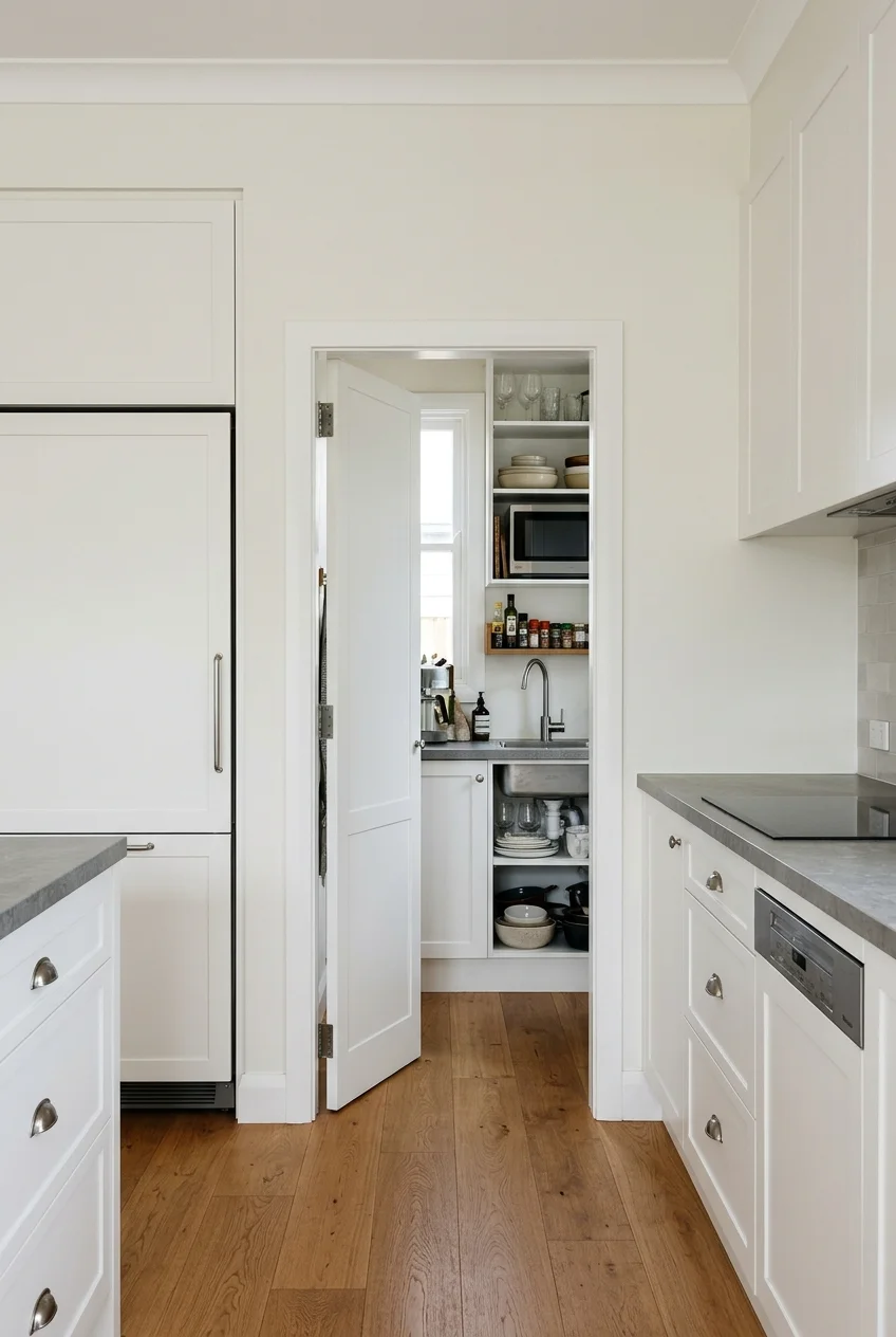 Hidden cabinet-front door opening into a compact scullery