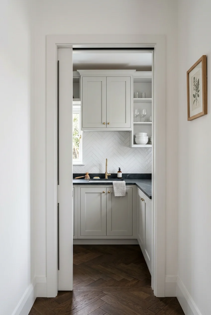 Pocket door fully open beside a narrow scullery counter