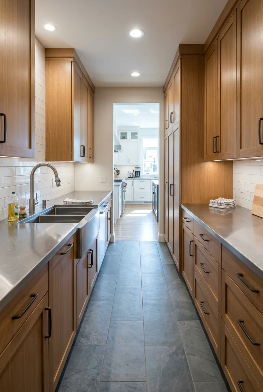 Galley scullery with opposing counters and a clear center aisle