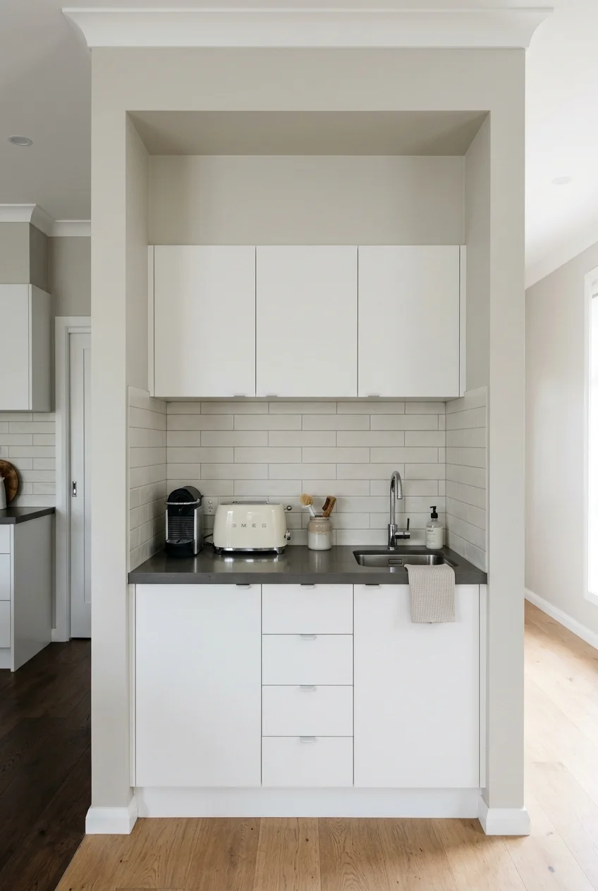 One-wall scullery with sink, appliances, and clear passage