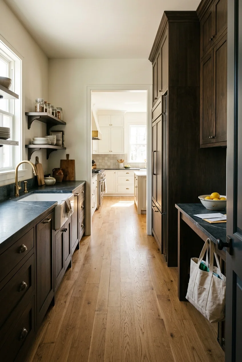 Walk-through scullery with a grocery landing counter