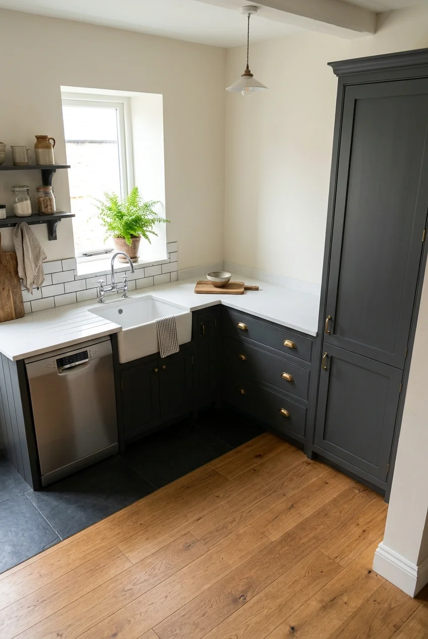 L-shaped scullery separating cleanup and pantry storage
