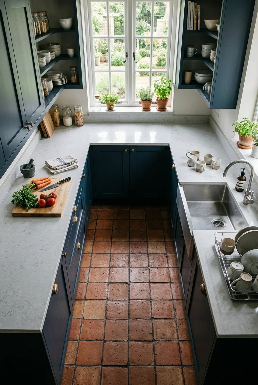 U-shaped scullery with a broad central turning area