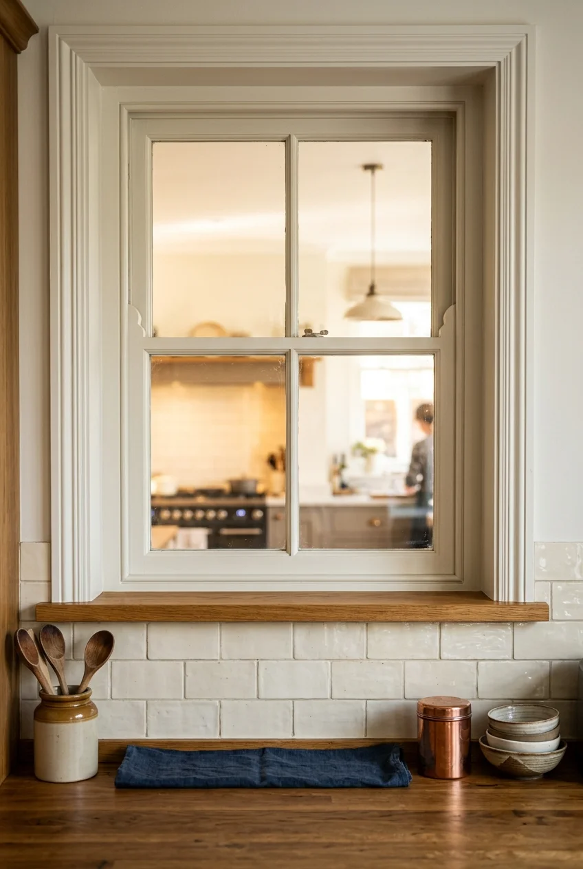 Interior window sharing light with a scullery counter