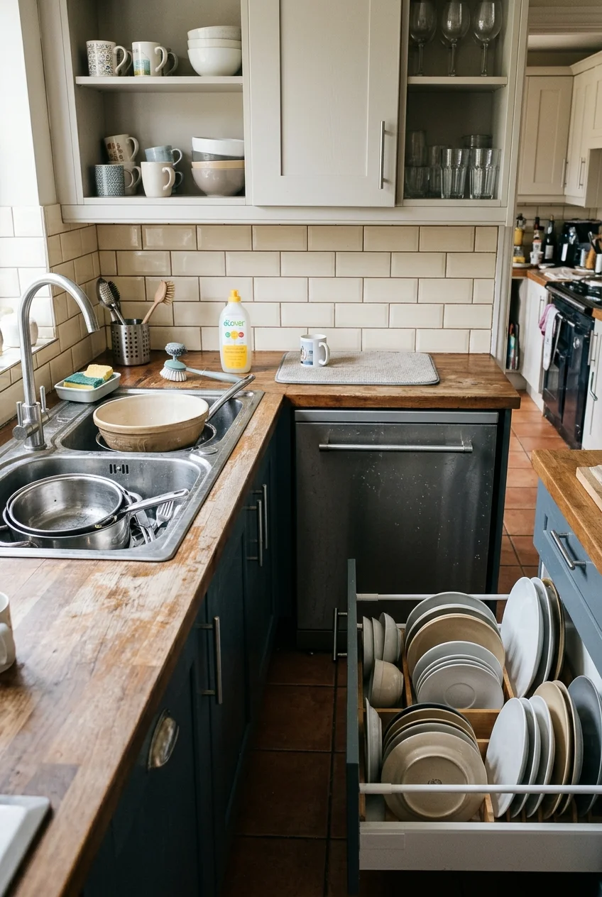 Dishwasher beside sink and plate storage