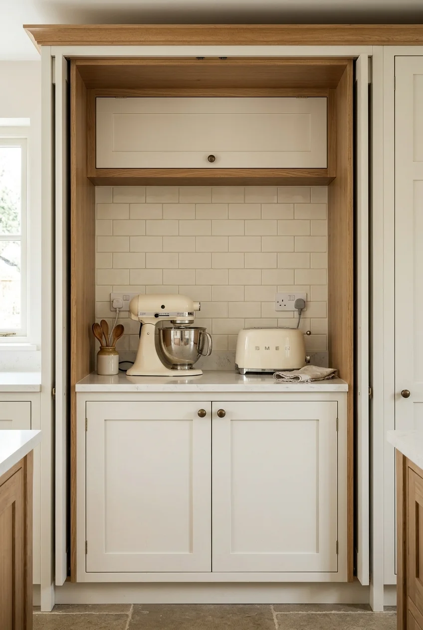 Scullery appliance bay with fully retracted doors