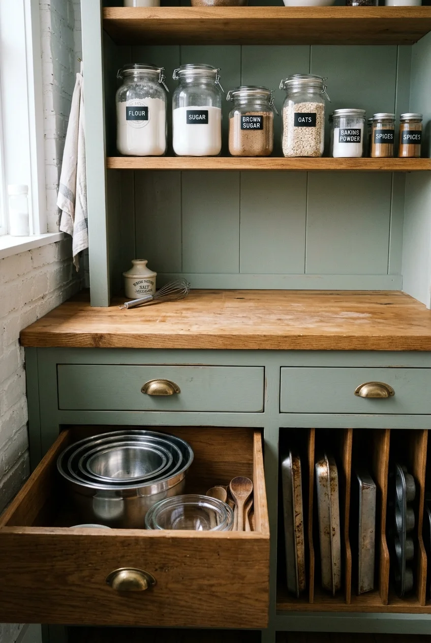 Baking station with ingredient drawers and tray dividers