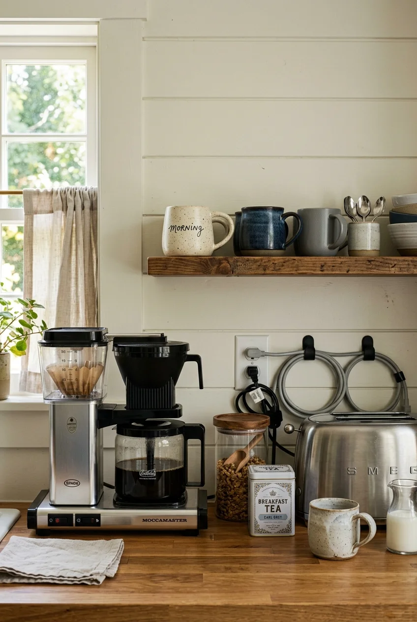 Coffee and breakfast station with clear pouring space