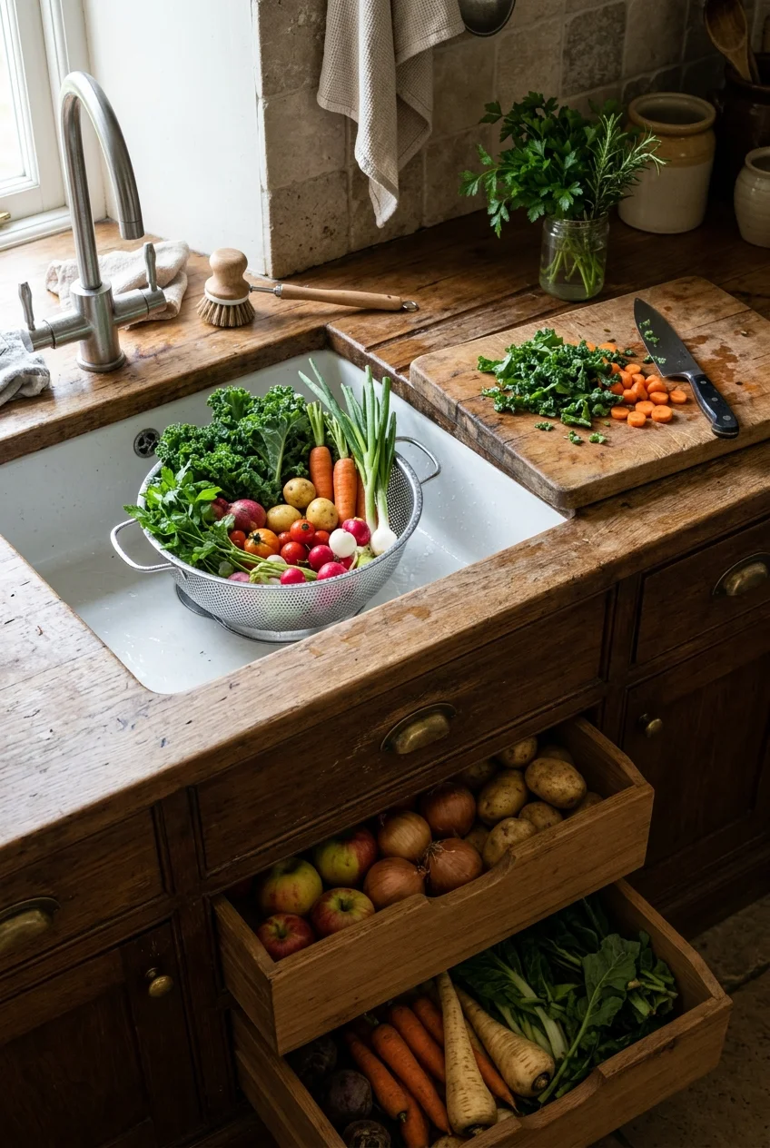 Produce-washing sink beside a clear prep surface