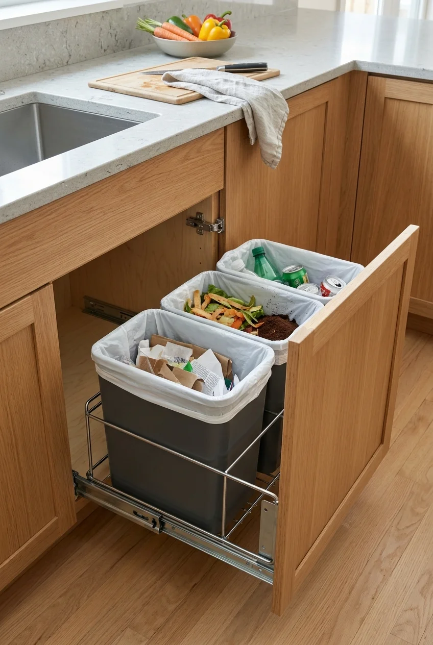 Three-bin waste pull-out beside the prep zone