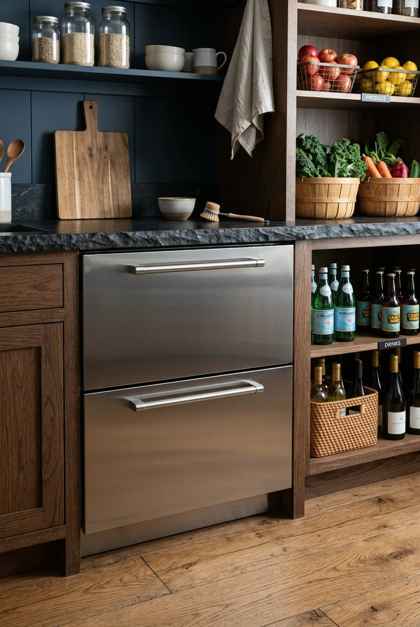Under-counter refrigerator drawers in a scullery