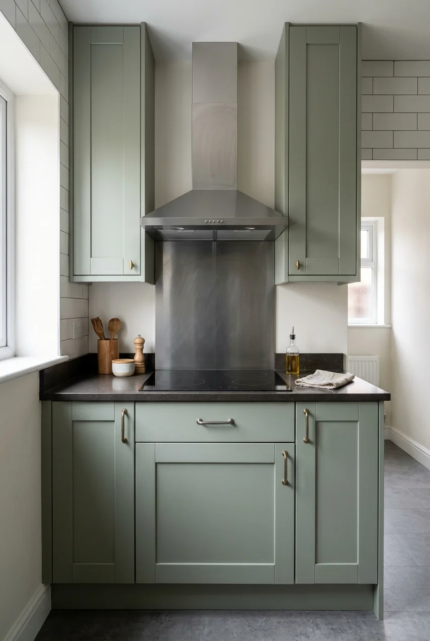 Scullery cooktop with aligned hood and landing space