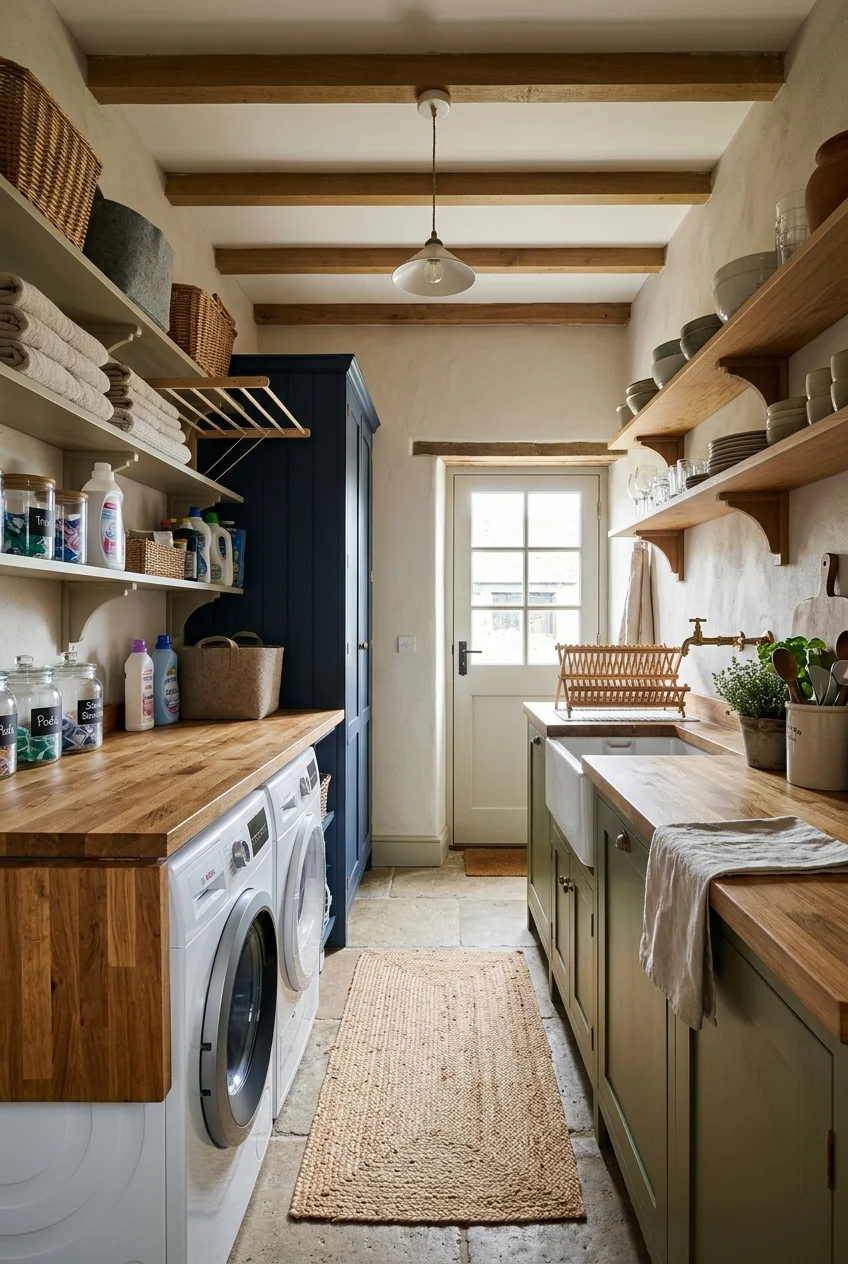 Separated laundry and food-prep zones in a scullery