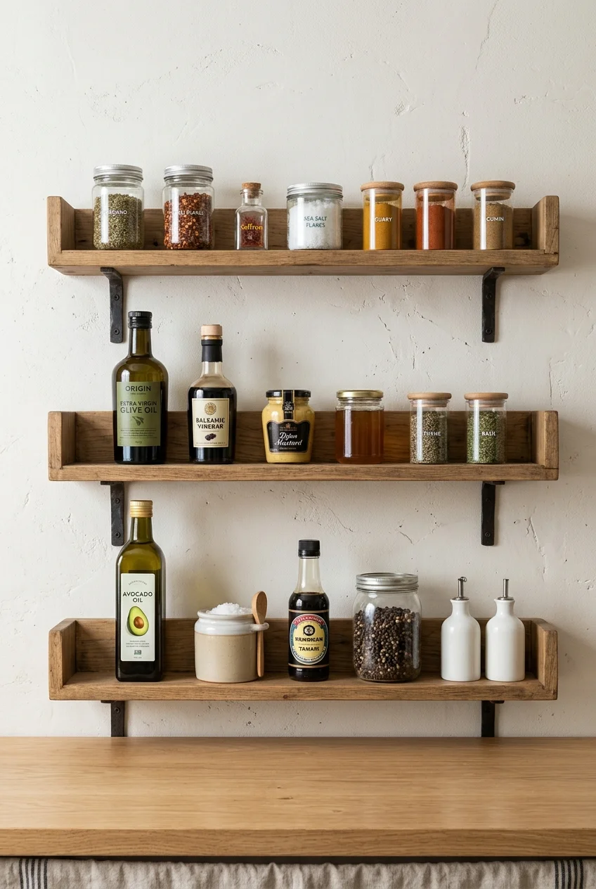 Shallow scullery shelves with one visible row of ingredients