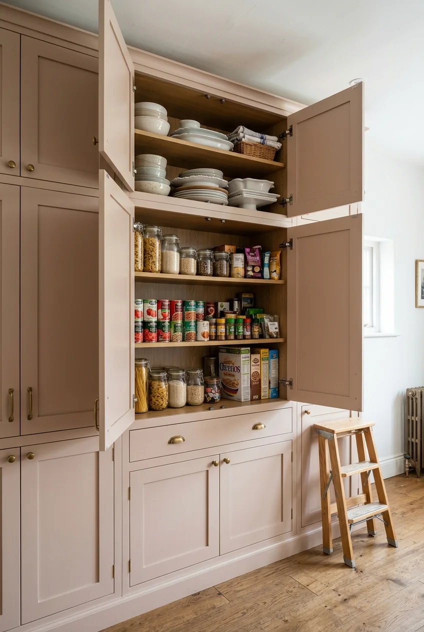Floor-to-ceiling scullery cabinets organized by frequency