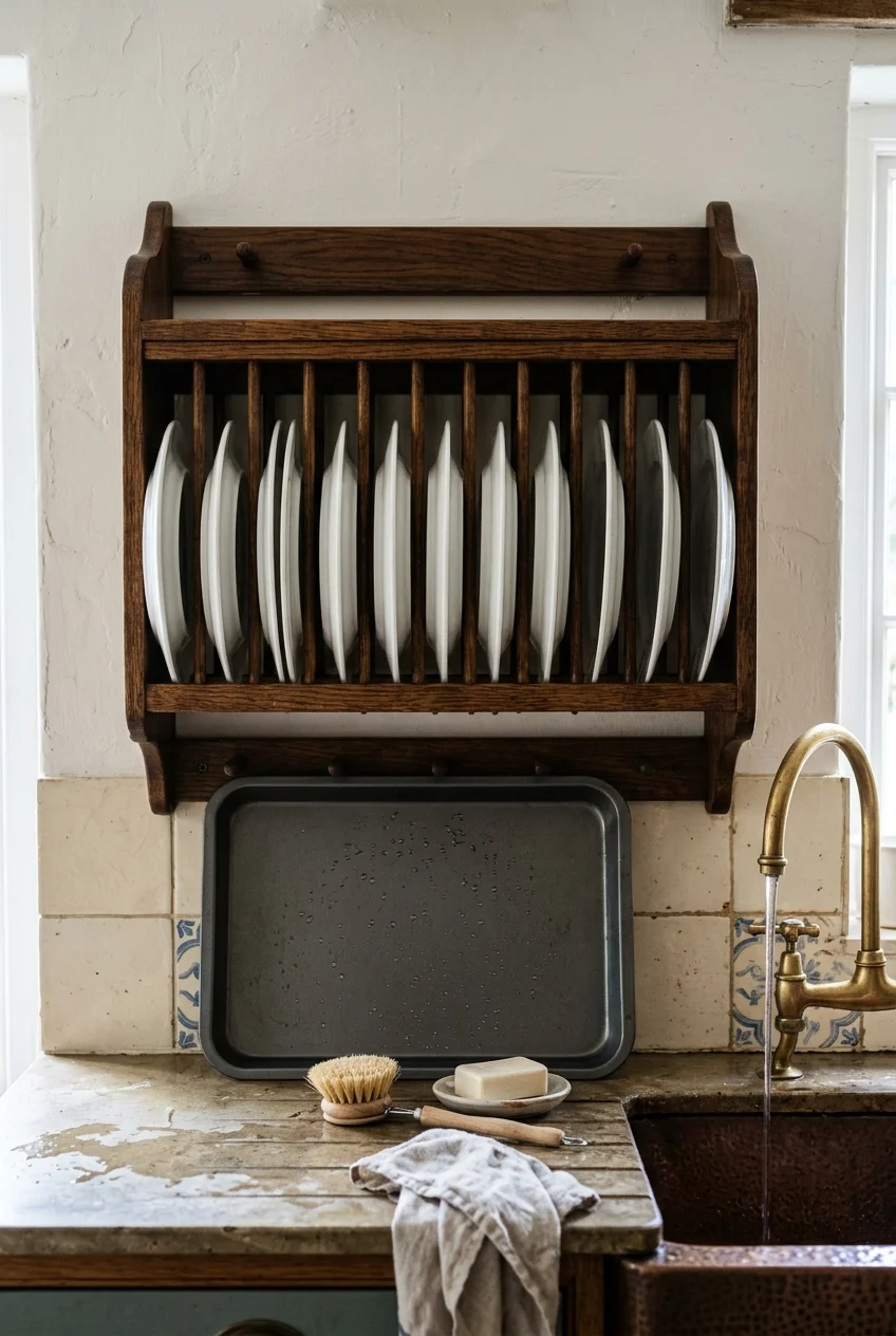 Wall-mounted plate rack beside the scullery sink
