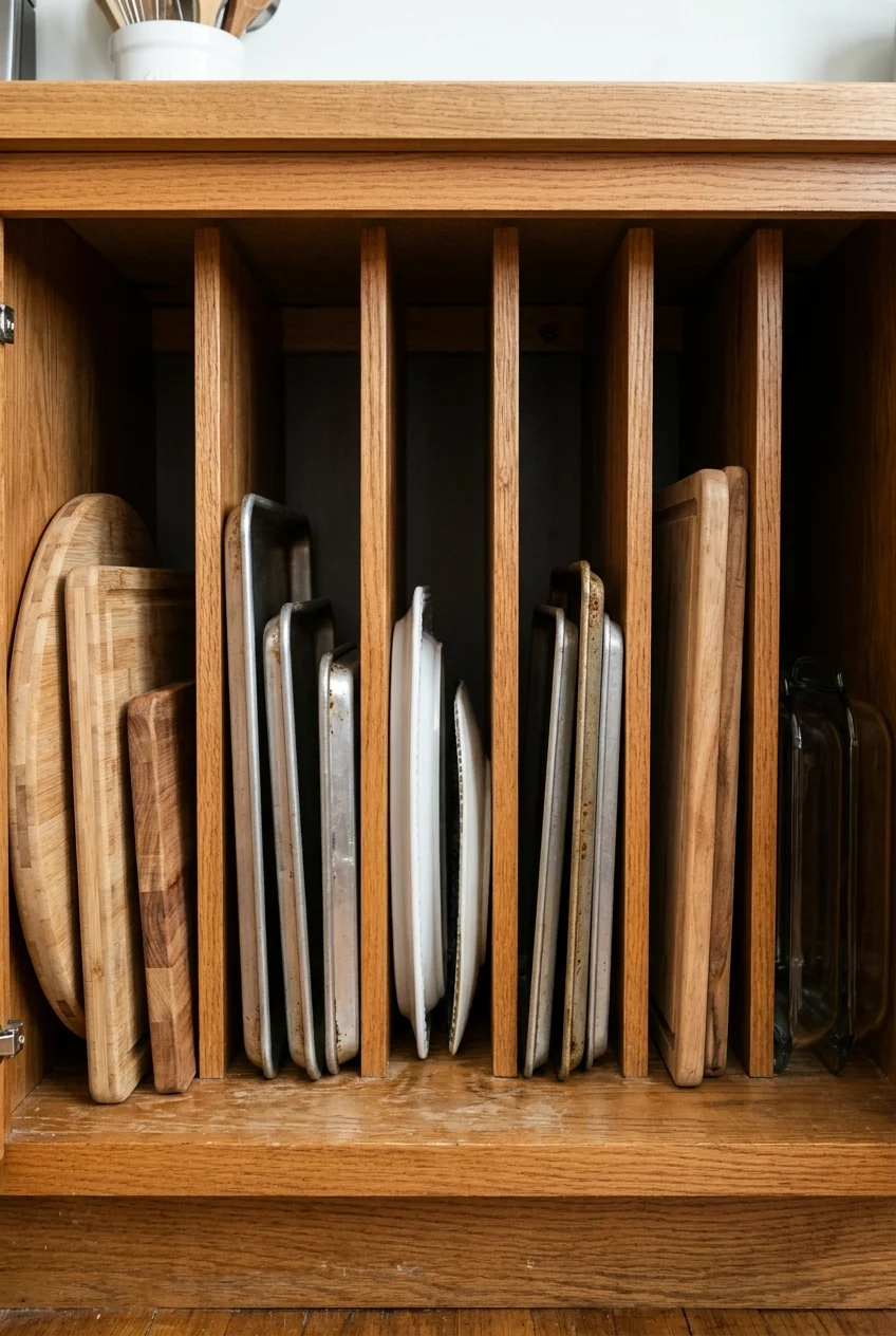 Vertical tray and cutting-board storage in a base cabinet