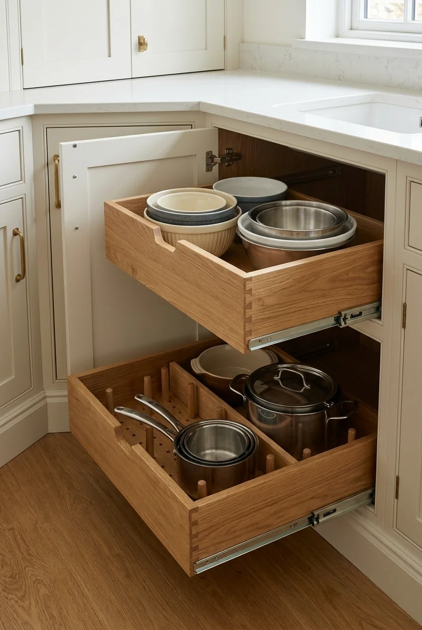 Deep scullery drawers holding bowls and pots