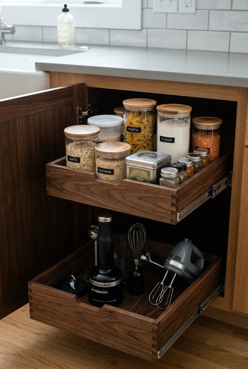 Two-tier pull-out organizer extended from a base cabinet