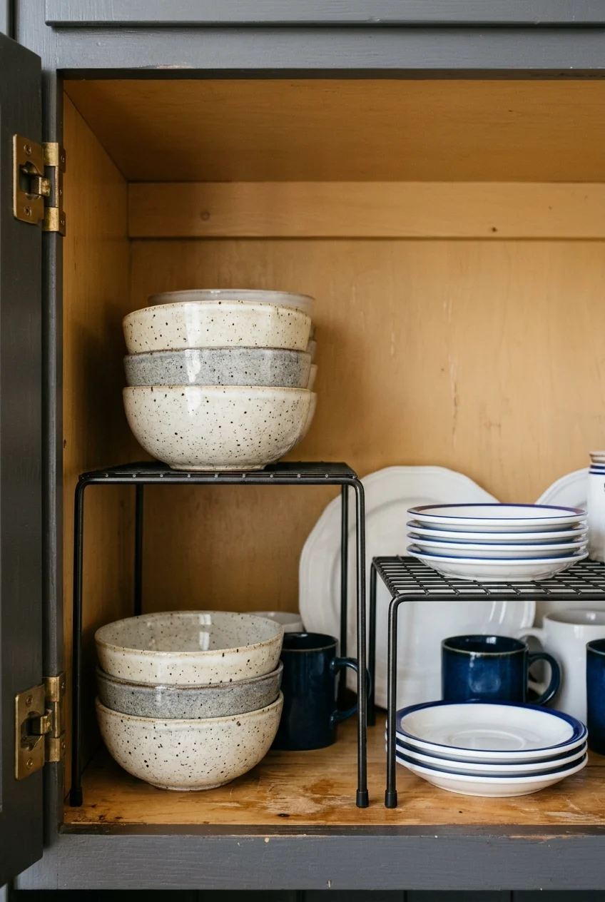 Adjustable shelf risers organizing cups and bowls
