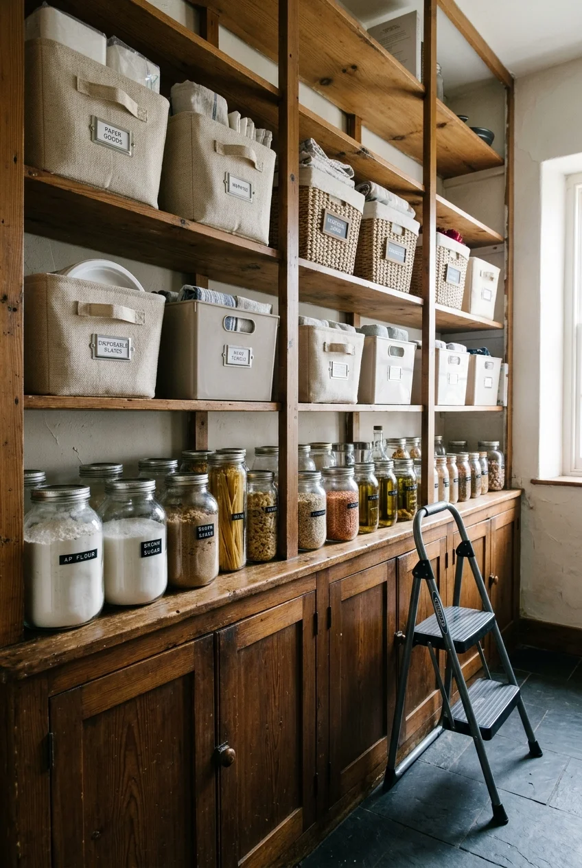 Lightweight backstock stored on high scullery shelves