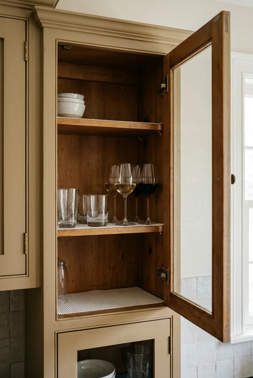 Shallow glassware cabinet with adjustable lined shelves