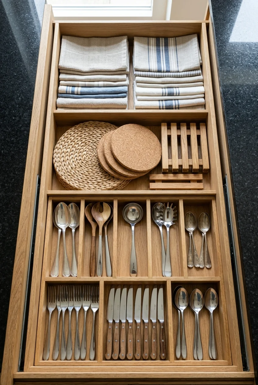 Wide divided drawer for linens and serving tools