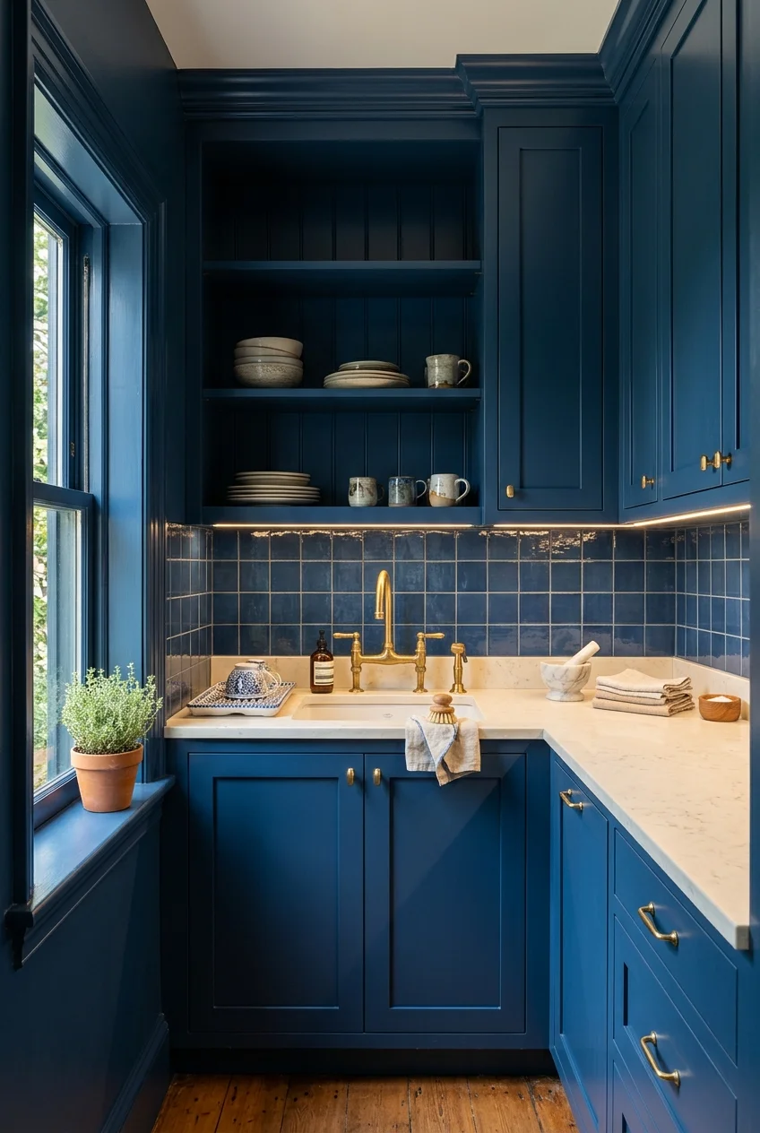 Compact blue color-drenched scullery with pale counters