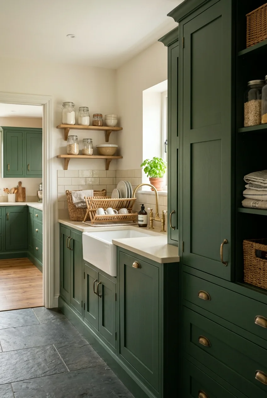 Dark green scullery cabinets with a light counter