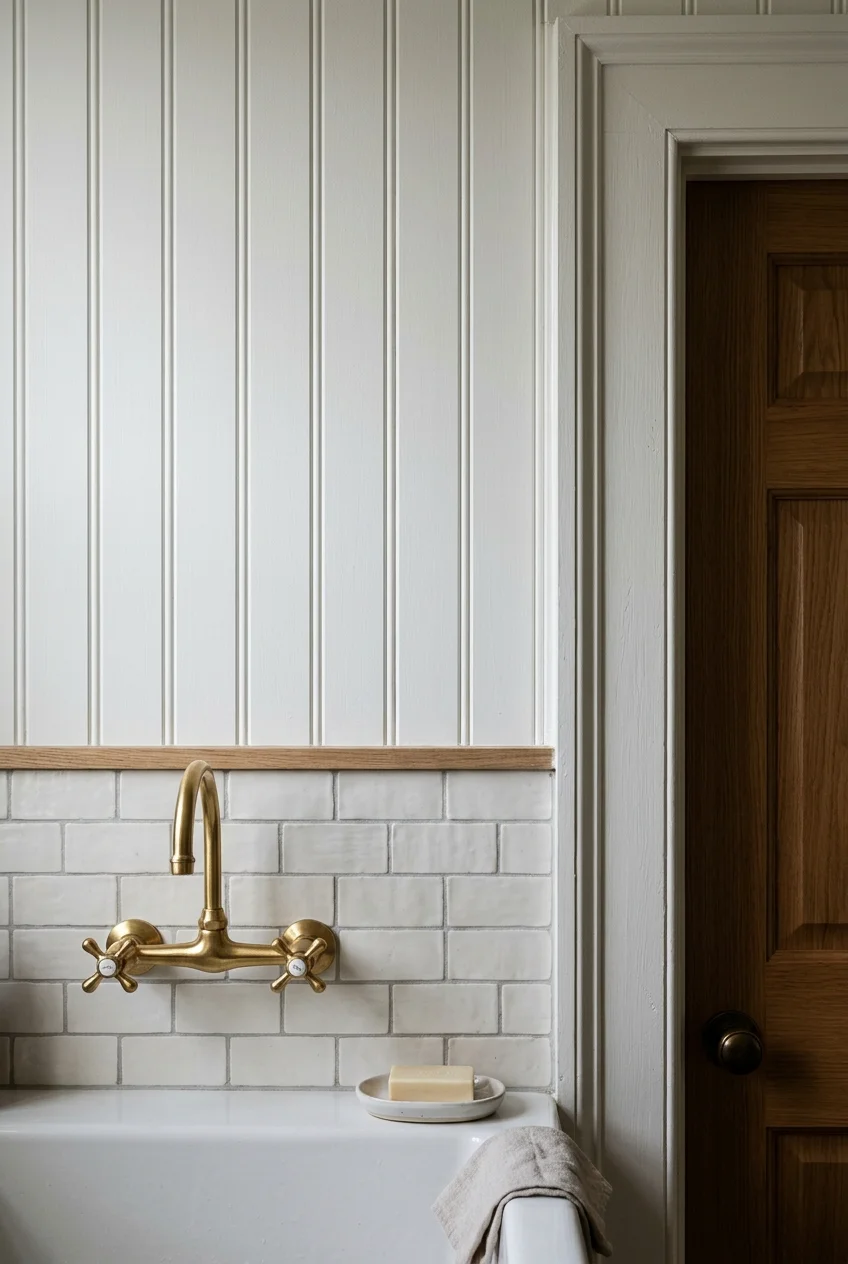 Painted beadboard beside a tiled sink backsplash