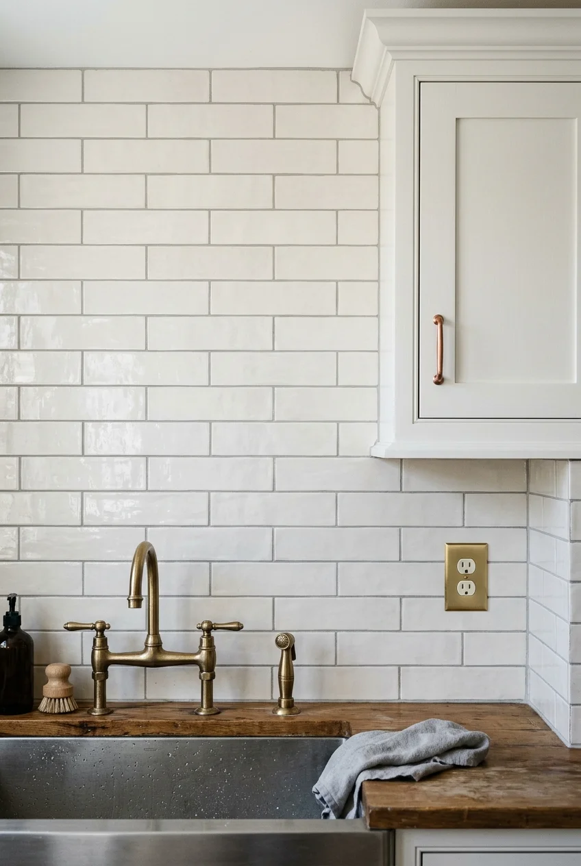 Carefully aligned tiled scullery backsplash