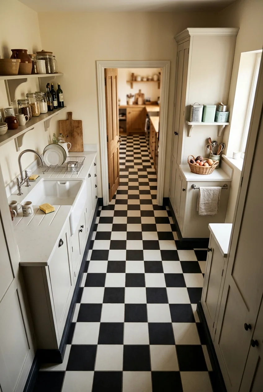 Checkerboard floor defining a narrow scullery