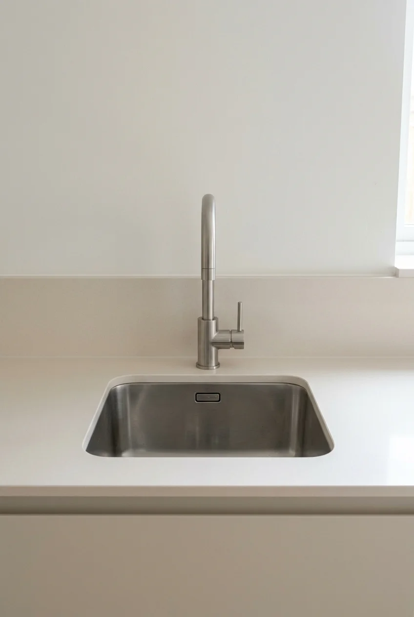 Continuous easy-clean counter around a scullery sink
