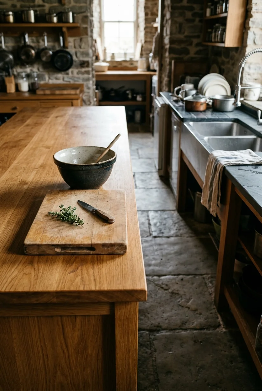 Dry butcher-block prep counter with removable cutting board