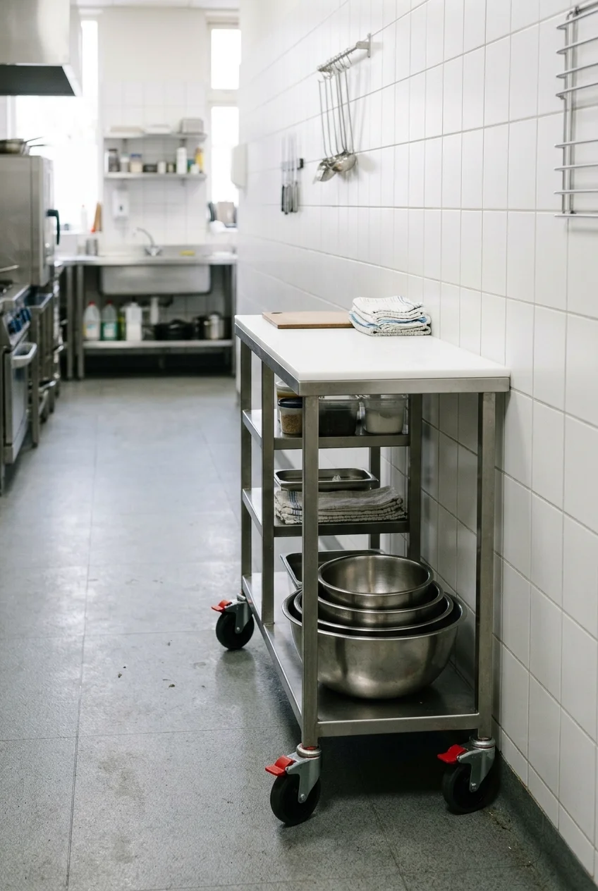 Slim rolling cart parked beside a clear scullery aisle