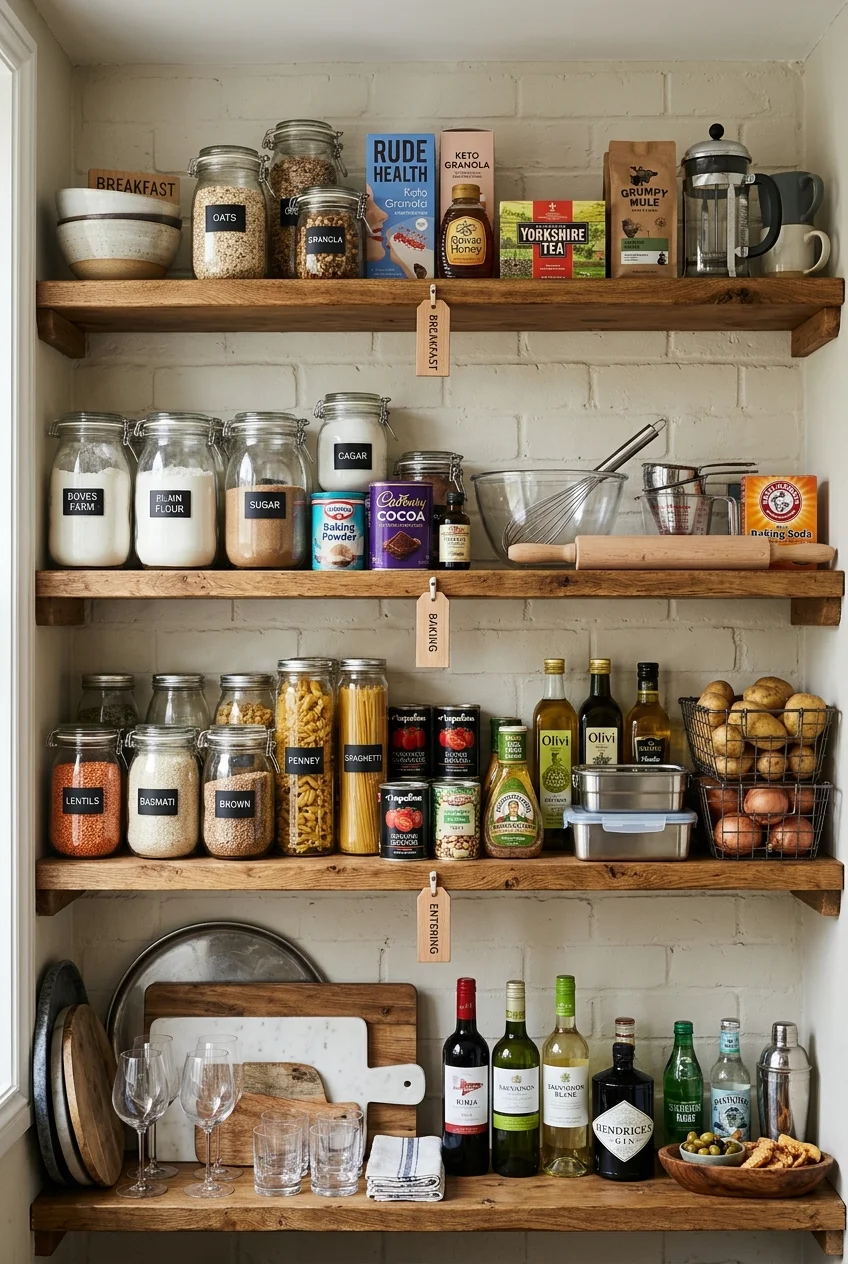 Scullery shelves organized into four workflow zones