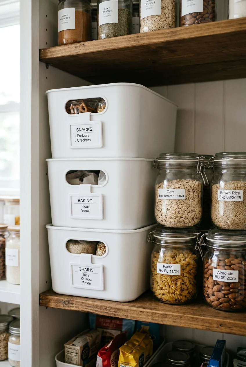 Removable category labels on opaque scullery bins