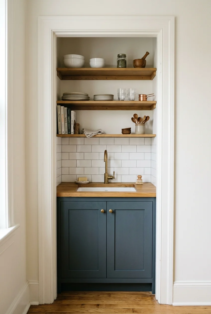 Pantry closet converted into a compact sink-and-storage nook