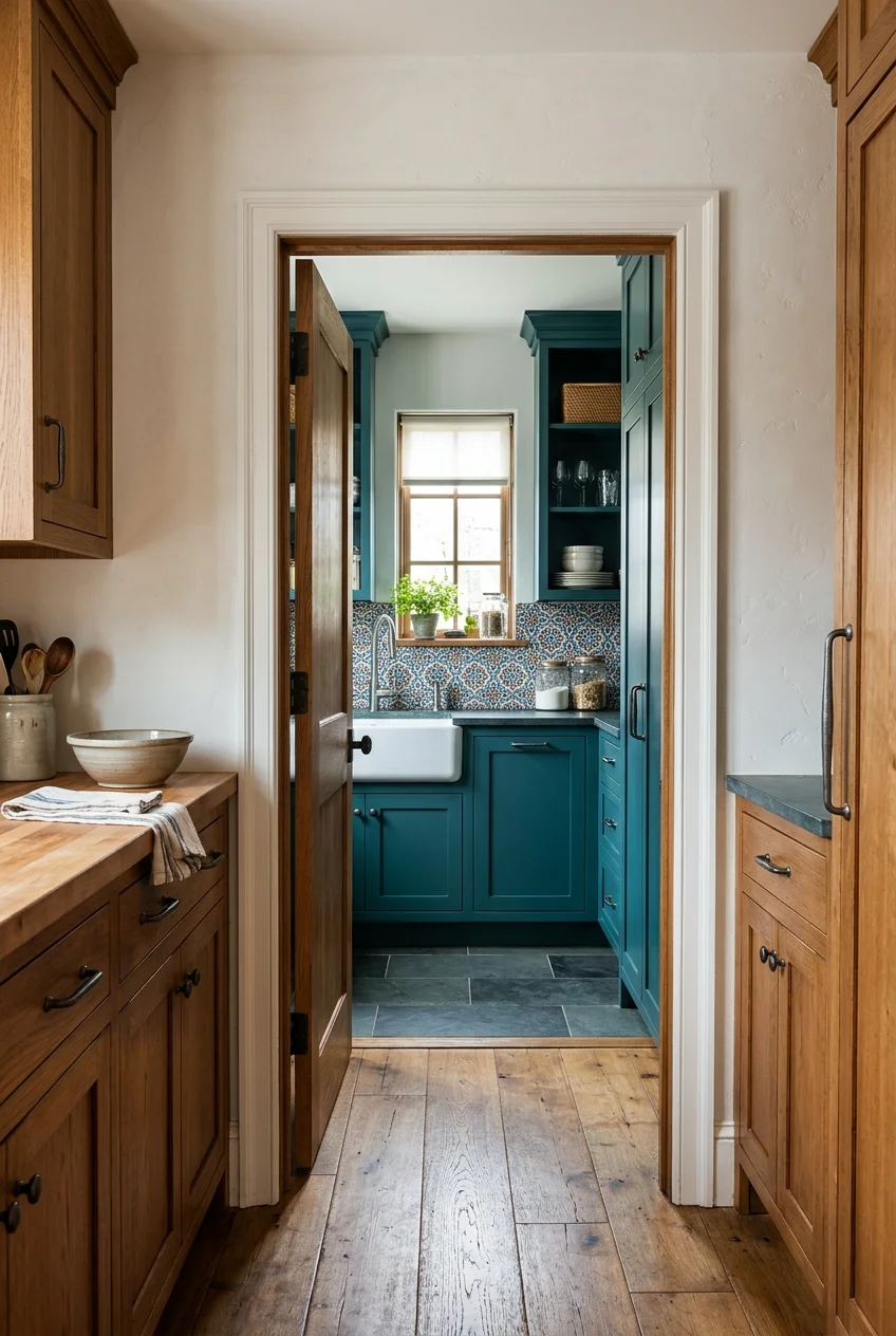 Scullery echoing the main kitchen with deeper color